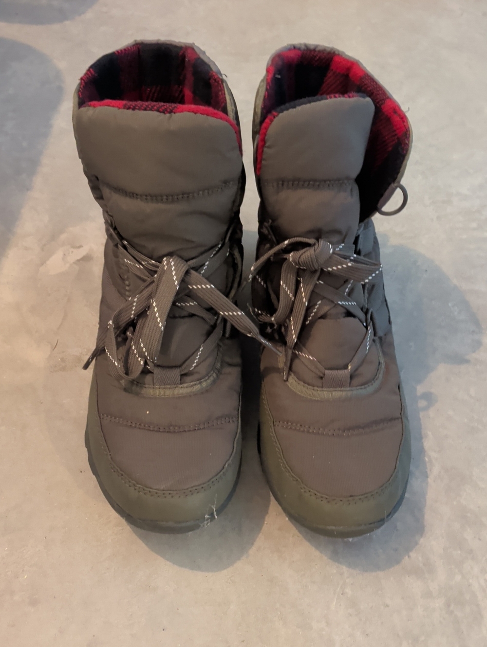 Sorel Olive Gray Winter Boots with Red Plaid Lining